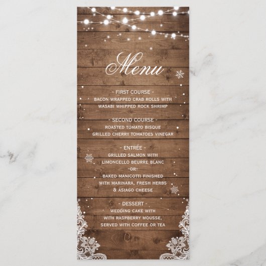 Menu Rustic Wood String Lights Lace Snowflakes (Voorkant)