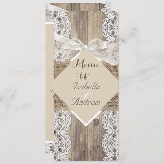 Menu Rustieke bruiloft Beige Witte kant Hout Burla (Voorkant / Achterkant)