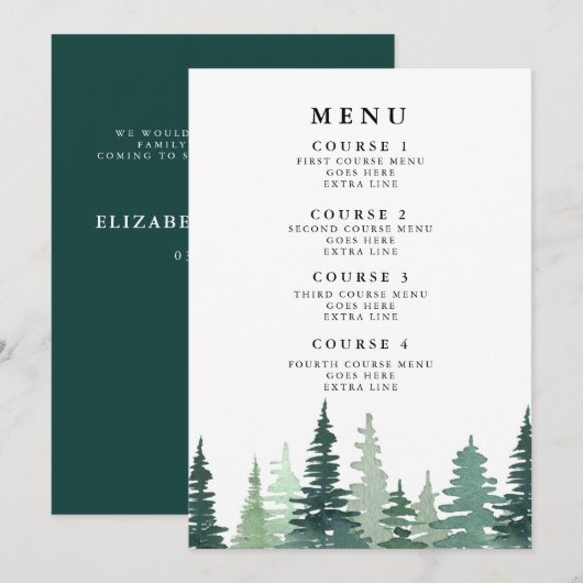 Menu Rustige Waterverf Pine Winter Wedding (Voorkant / Achterkant)
