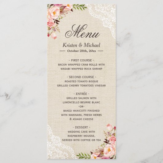 Menu Rustisch Land Floral Lace Burlap Wedding (Voorkant)