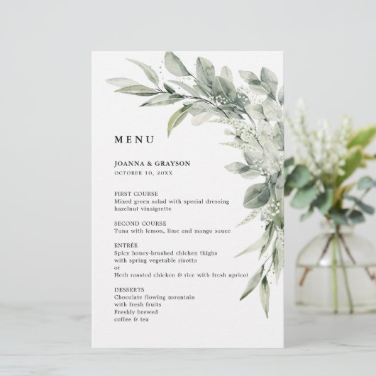 Menu Sage Green Eucalyptus Minimalist Weddenschap (Staand voorkant)