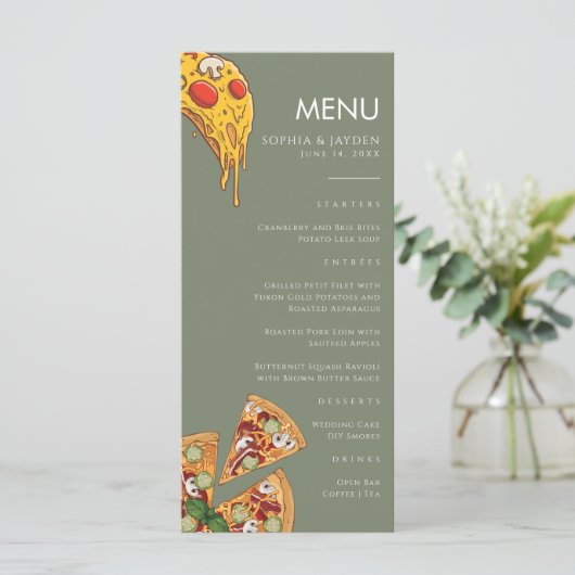 Menu Salie Groen PIZZA Modern Minimaal Huwelijk (Staand voorkant)