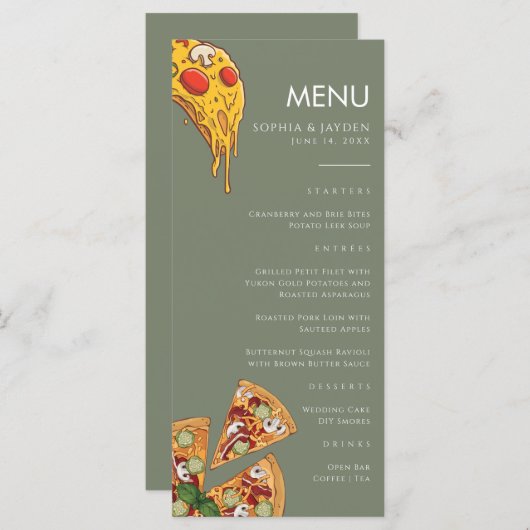 Menu Saliegroen PIZZA Modern Minimaal Huwelijk (Voorkant / Achterkant)