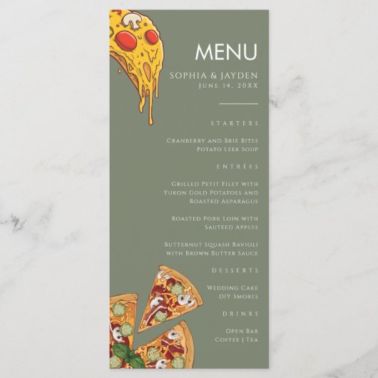Menu Saliegroen PIZZA Modern Minimaal Huwelijk (Voorkant)