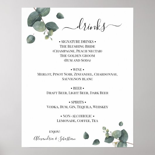 Menu Signaal Eucalyptus Greenery Wedding Drink Poster (Voorkant)