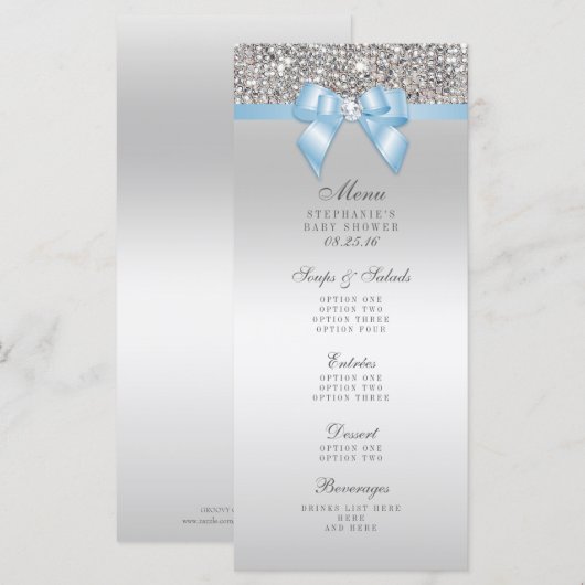 Menu Silver Sequin Baby Blue Bow Baby shower (Voorkant / Achterkant)