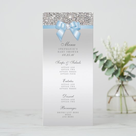 Menu Silver Sequin Baby Blue Bow Baby shower (Staand voorkant)