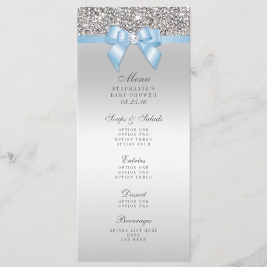 Menu Silver Sequin Baby Blue Bow Baby shower (Voorkant)