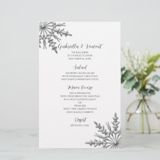 Menu Silver Tone Snowflake Winter Weddenschap (Staand voorkant)