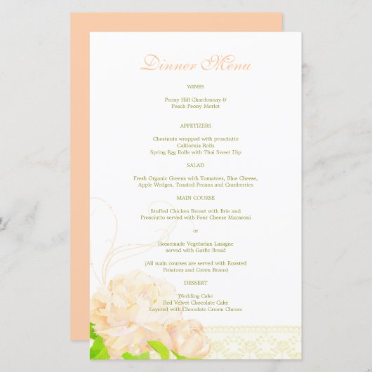 Menu Spring Peach Peony Weddenschap (Voorkant / Achterkant)