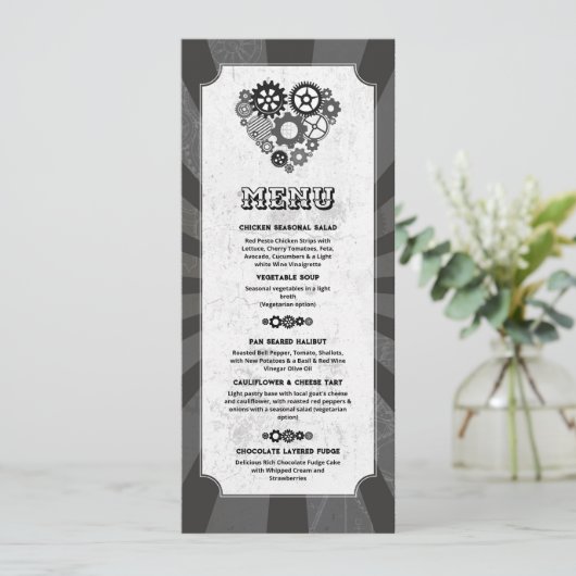 Menu Steampunk Trouwdag Hartjes Tandwielen Kaart (Staand voorkant)