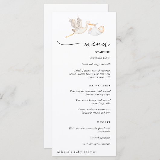 Menu Stork Baby shower (Voorkant / Achterkant)