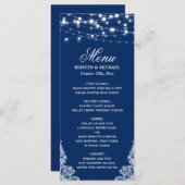 Menu String Lights White Lace Navy Blue Wedding (Voorkant / Achterkant)