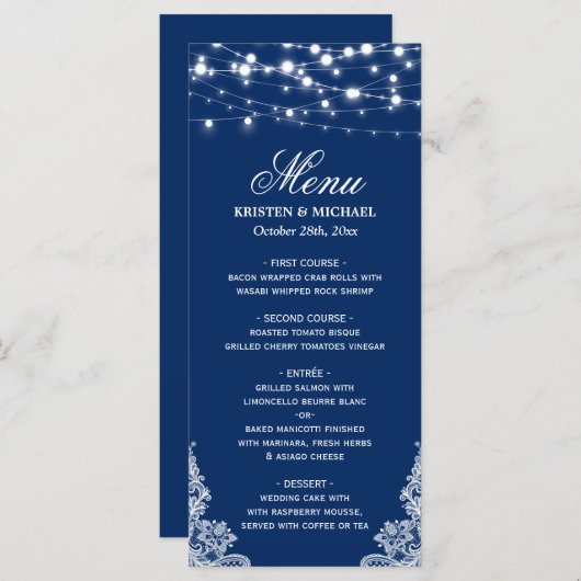 Menu String Lights White Lace Navy Blue Wedding (Voorkant / Achterkant)