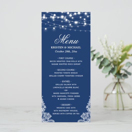Menu String Lights White Lace Navy Blue Wedding (Staand voorkant)