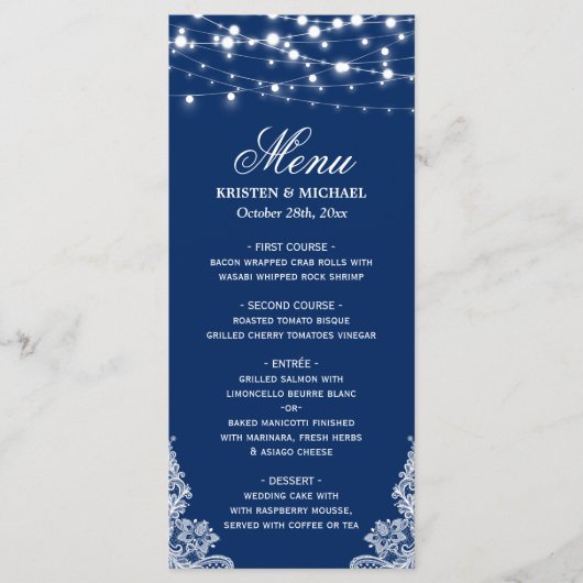 Menu String Lights White Lace Navy Blue Wedding (Voorkant)