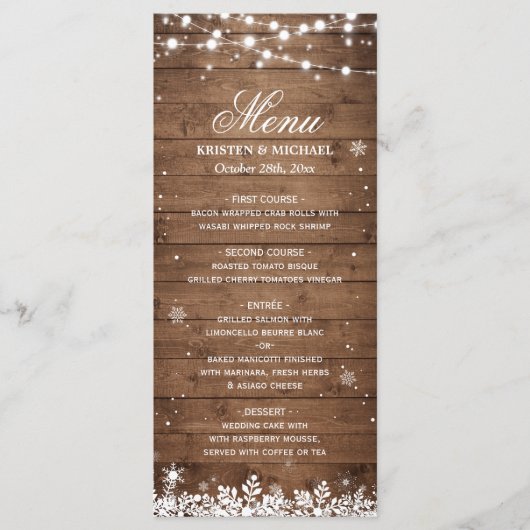 Menu String Lights Wood Rustic Winter Wedding (Voorkant)