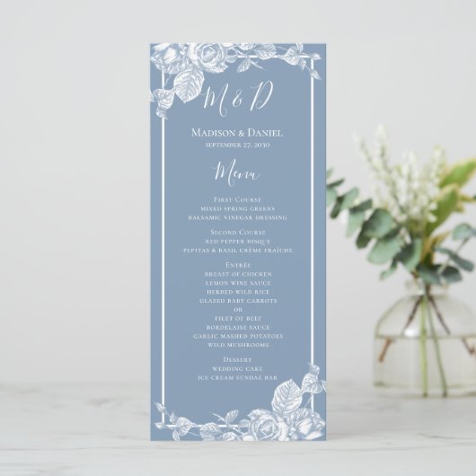 Menu Stusty Blue Floral Wedding (Staand voorkant)