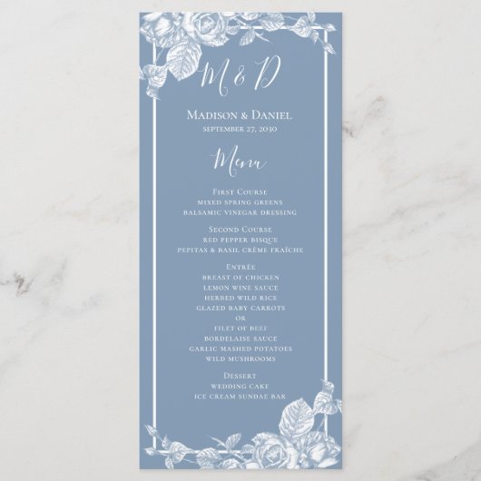 Menu Stusty Blue Floral Wedding (Voorkant)