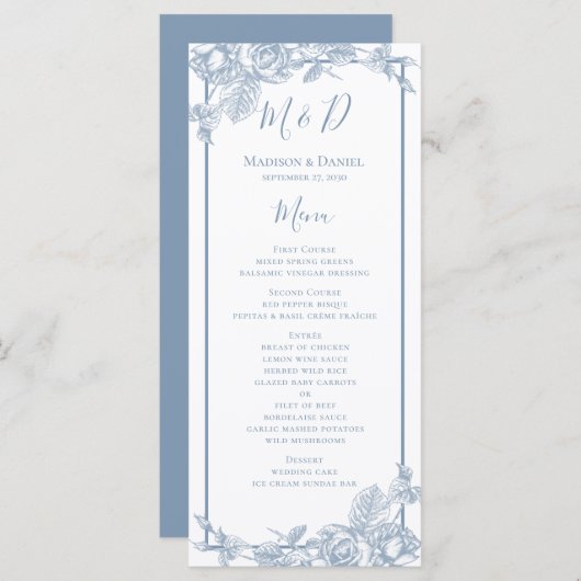 Menu Stusty Blue Floral Wedding (Voorkant / Achterkant)