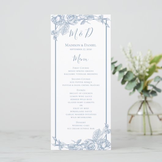 Menu Stusty Blue Floral Wedding (Staand voorkant)
