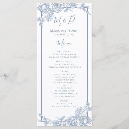 Menu Stusty Blue Floral Wedding (Voorkant)
