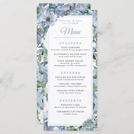 Menu Stusty Blue Floral Wedding (Voorkant / Achterkant)
