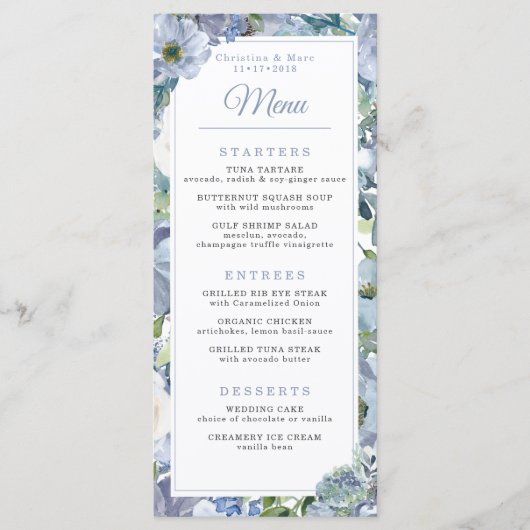 Menu Stusty Blue Floral Wedding (Voorkant)