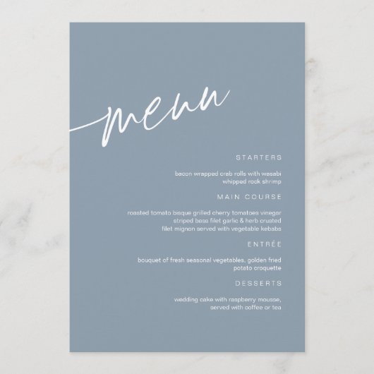 Menu Stusty Blue Minimalist Wedding (Voorkant)