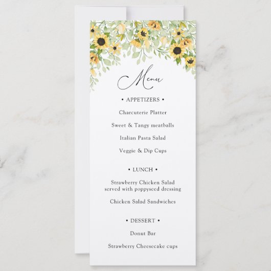 Menu Sunflower Greenery Calligraphy Kaart (Voorkant)
