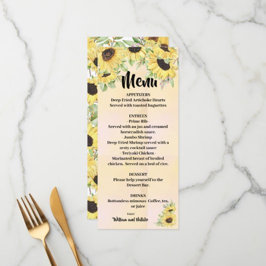 Menu Sunflower Wedding Vrijgezellenfeest (Voorkant / Achterkant in situ)
