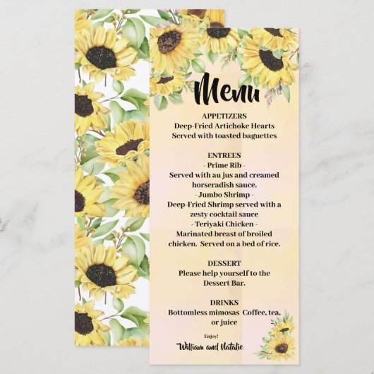 Menu Sunflower Wedding Vrijgezellenfeest (Voorkant / Achterkant)