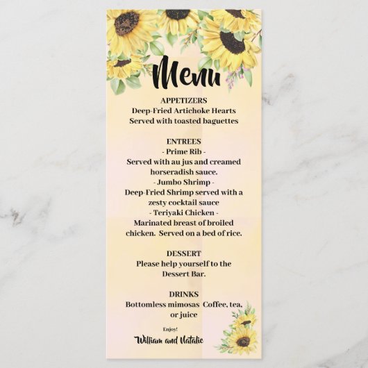 Menu Sunflower Wedding Vrijgezellenfeest (Voorkant)