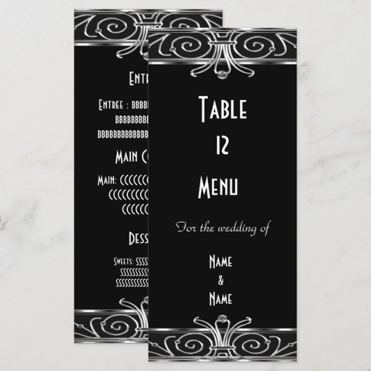 Menu Tafel Kaart Elegant Zwart Zilver Art Deco (Voorkant / Achterkant)