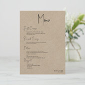 Menu Tan linen Simple Black Script Weddenschap Kaart (Staand voorkant)