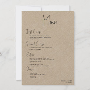 Menu Tan linen Simple Black Script Weddenschap Kaart