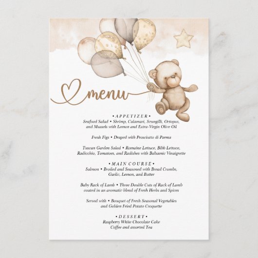 Menu Teddy Bear Baby Baby shower (Voorkant)