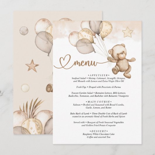 Menu Teddy Bear Baby Baby shower (Voorkant / Achterkant)