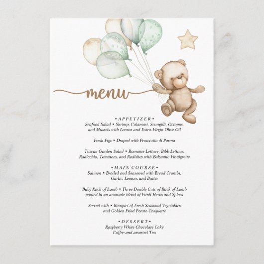 Menu Teddy Bear Baby Baby shower (Voorkant)