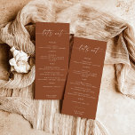 Menu Terracotta Wedding Dinner Food | Laten we ete<br><div class="desc">Dit prachtige Wedding Menu bevat handgeschreven kalligrafie met een minimalistische moderne lay-out - een perfect accent voor uw bruiloft of speciale gebeurtenis. Gebruik dit menu voor elke keer of het je bruiloft, bruid of baby shower is, verloffeest, feest... wat je maar wilt! Bewerk de *Meest* formulering eenvoudig aan uw behoeften!...</div>