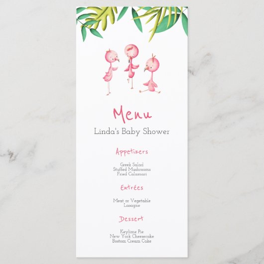 Menu Tropisch Baby shower Pink Flamingos (Voorkant)