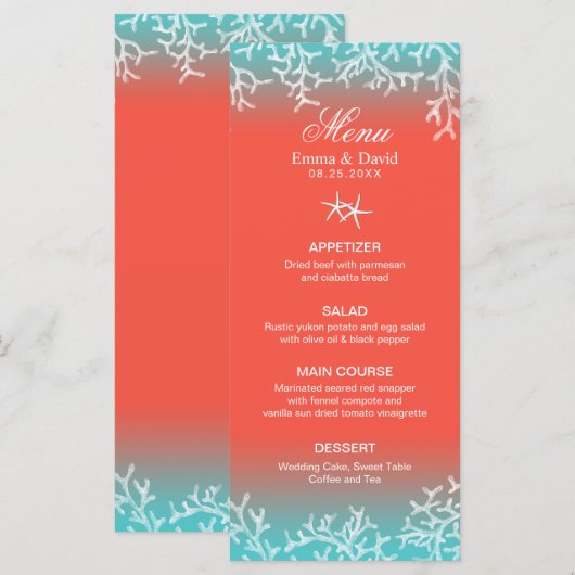 Menu Tropisch koraalrif strale strandbruiloft (Voorkant / Achterkant)