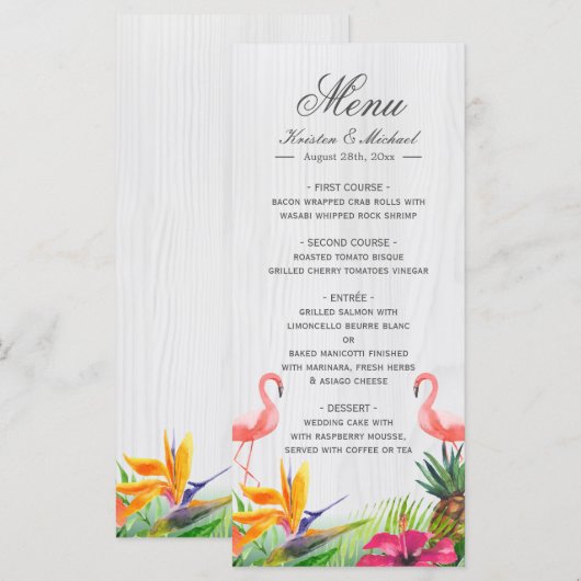 Menu Tropische Floral Flamingo Pineapple Weddensch (Voorkant / Achterkant)