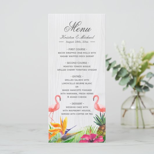 Menu Tropische Floral Flamingo Pineapple Weddensch (Staand voorkant)