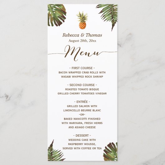 Menu Tropische Leaves Pineapple Luau Styled Weddin (Voorkant)