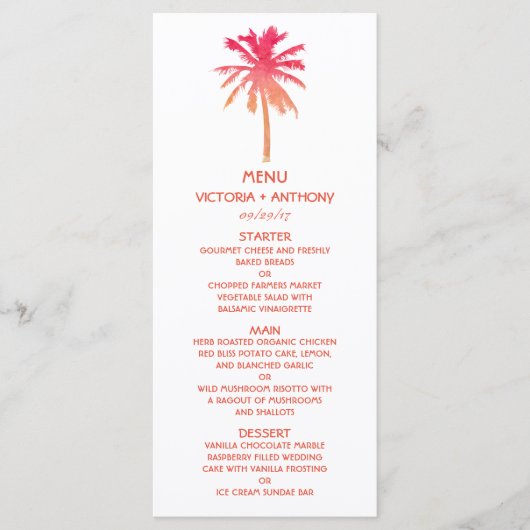 Menu Tropische Sunset Palm Tree Beach Weddenschap (Voorkant)