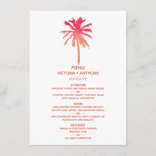 Menu Tropische Sunset Palm Tree Beach Weddenschap (Voorkant)