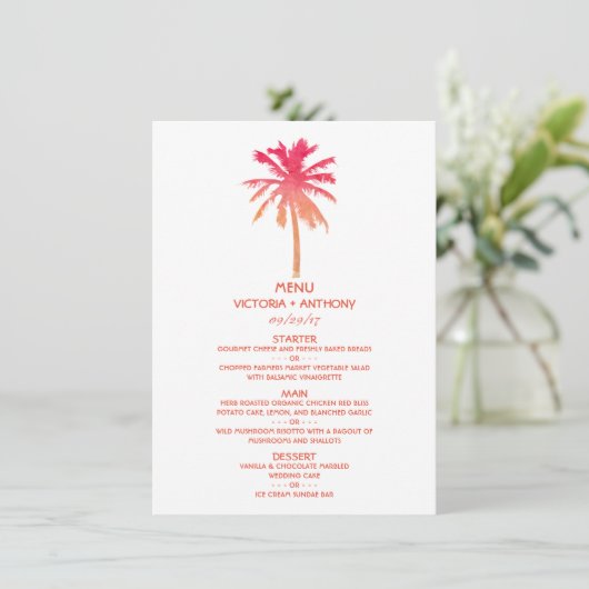 Menu Tropische Sunset Palm Tree Beach Weddenschap (Staand voorkant)