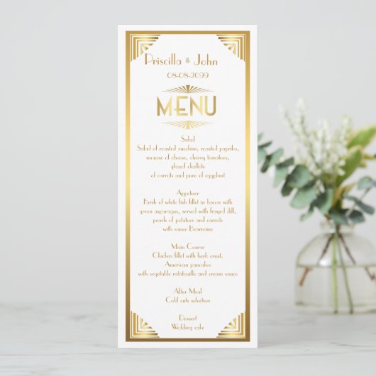 Menu Trouwen, menu vergadering, grote Gatsby, wit, (Staand voorkant)