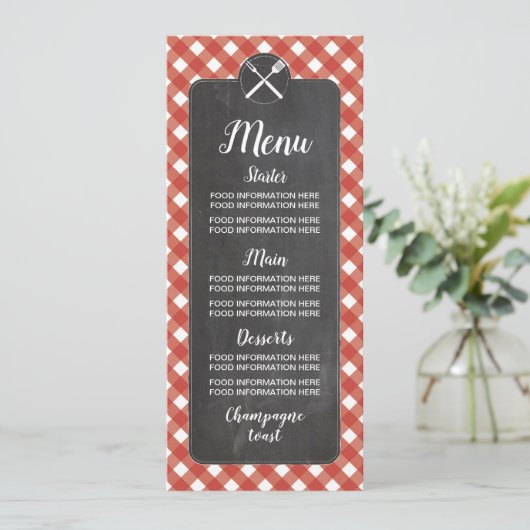 Menu Trouwkaarten Red Gingham Chalk BBQ (Staand voorkant)